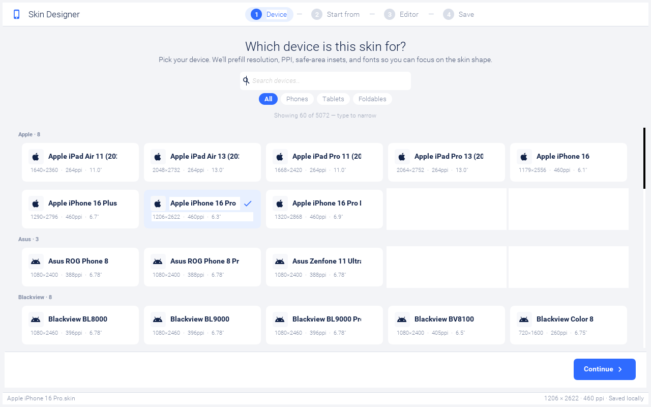 Device picker showing the iPhone 16 Pro selected and Continue enabled